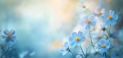 Obraz premium Dreamy Blue and Yellow Wildflowers in a Misty Field