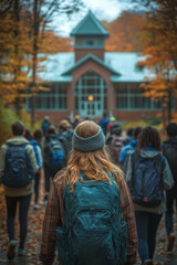 A group of excited students walking towards a school building as the first bell rings,