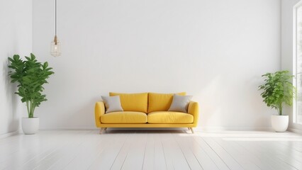 Yellow Sofa in Minimalist Living Room with White Walls and Plants
