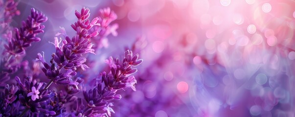 Fototapeta premium Lavender flowers on a pastel pink background, minimalistic floral arrangement. Free copy space for text.