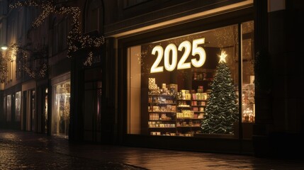 Fototapeta premium It features a festive display with bright lights, holiday decorations, and festive gifts, inviting customers to explore the store's festive offerings and to celebrate the new year and Christmas in