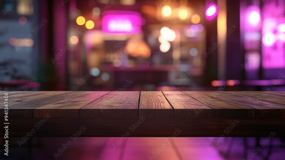 Poster 3d rendering of an empty brown wooden table with a blurred coffee shop background featuring bokeh ef