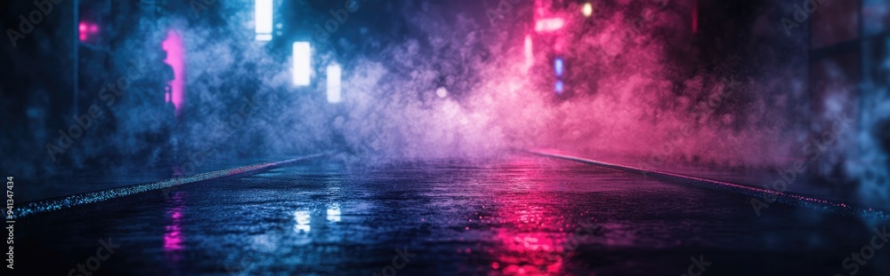 Poster 3d rendering of an empty background scene featuring a dark street reflected on wet pavement illumina