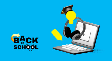 Back to School halftone design template with laptop, headphones idea light bulb and graduate hat. Online education