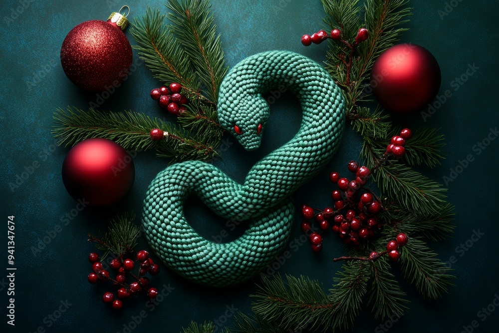 Poster an image of a snake representing the year 2025 against a green backdrop with a toy ball representing