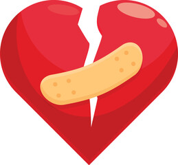Red broken heart is trying to heal from a breakup with an adhesive bandage
