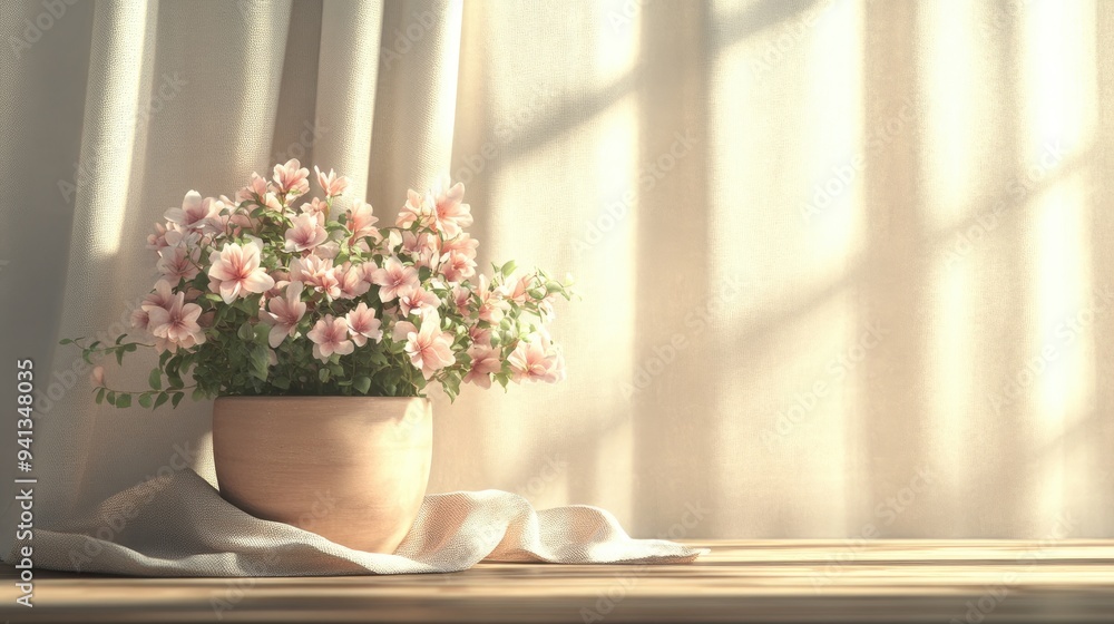 Poster 3d rendering of a composition featuring spring flowers in a pot placed on a wooden table adorned wit