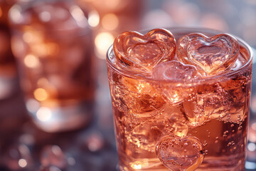 A set of heart-shaped ice cubes, melting slowly in a glass of rosé wine,
