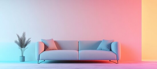 Modern minimalist interior featuring a gray sofa against a blank cream wall 3D rendering