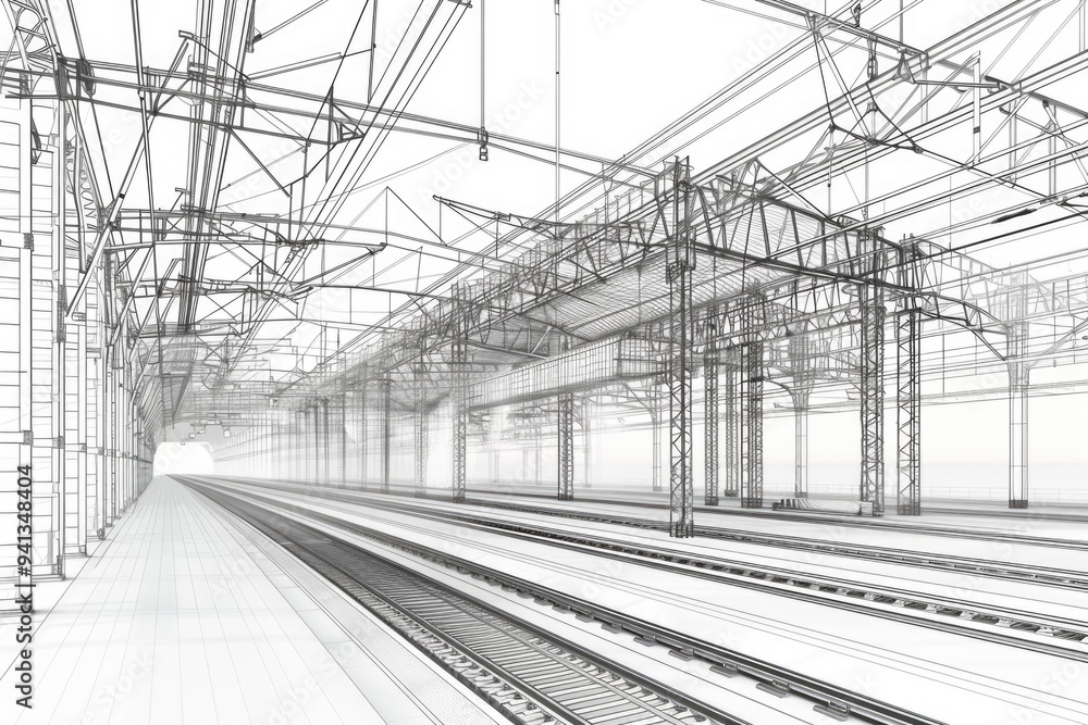 Poster a busy train station with multiple tracks and platforms