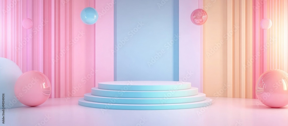 Poster 3d rendering of a product podium display featuring a pastel colored studio background