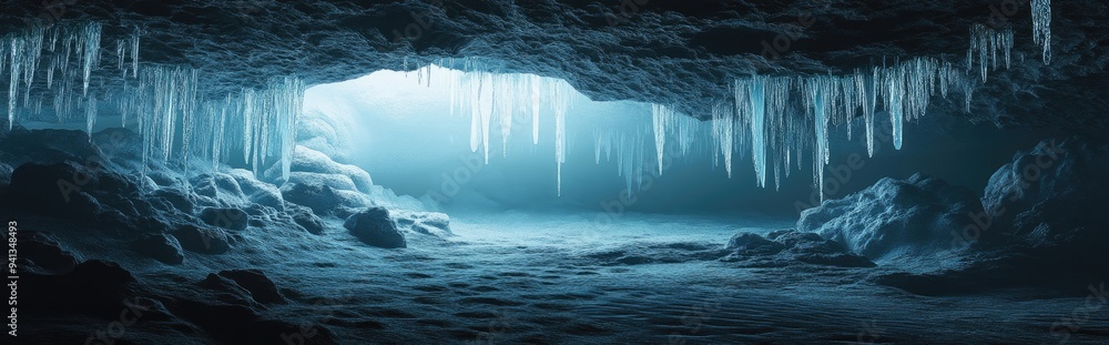Aufkleber 3d rendering of ice stalactites in a cave setting