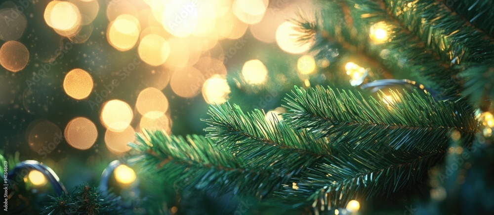 Poster closeup view of plastic pine leaves with a bokeh effect created by christmas lights and a blurred ba