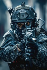 A man in a military uniform holds a gun, ready for action