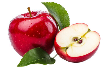 Healthy red shiny apple half with green leaves isolated on transparent background.