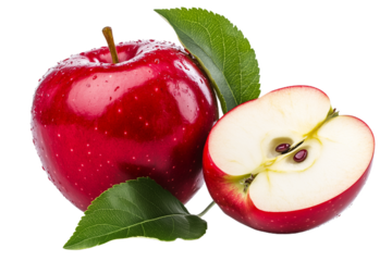 Healthy red shiny apple half with green leaves isolated on transparent background.
