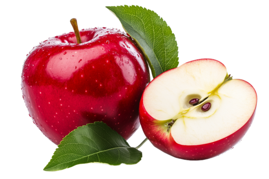 Healthy red shiny apple half with green leaves isolated on transparent background.
