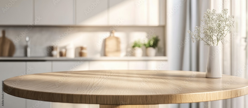 Poster 3d rendering of an empty beautiful round wooden tabletop counter set against a clean and bright kitc