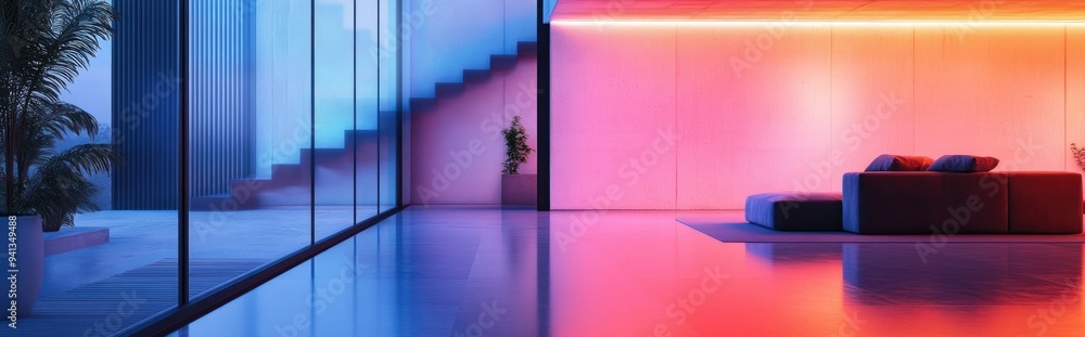 Poster minimalist house interior with abstract concrete design and color gradient neon lighting in a 3d ren