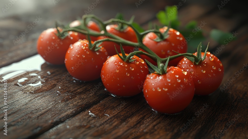 Poster 3d rendering of a branch of tomatoes with water droplets on a wooden surface vertical orientation