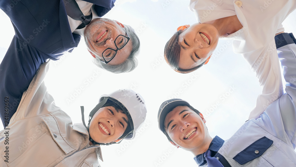 Poster 様々な職業の人々のチームワークイメージ（ビジネスマン・エンジニア・研究者・警備員）