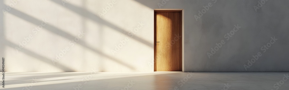 Poster 3d rendering of an exit visible through a wooden door