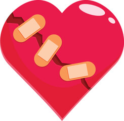 Red heart with a big crack is being repaired with three bandages