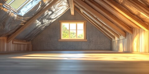 3D rendering of an unfinished loft conversion project featuring silver insulation roof windows and a wooden wall structure with selective focus