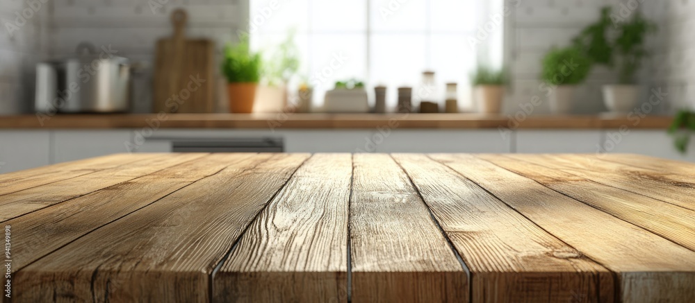 Poster 3d rendering of a wooden tabletop with a blurred kitchen background suitable for product display or 