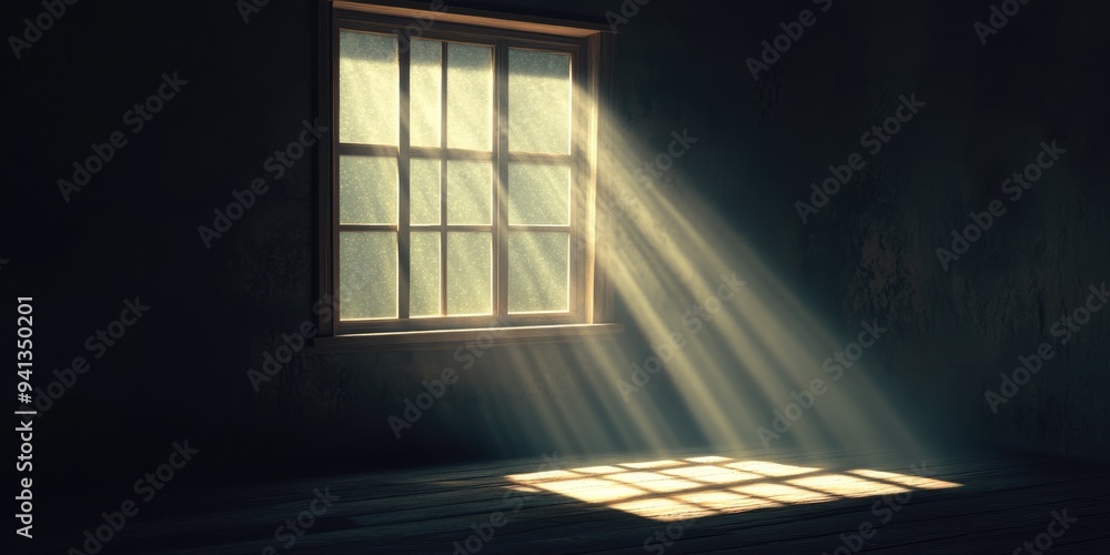 Aufkleber 3d rendering of sunlight streaming through a window in a dimly lit room