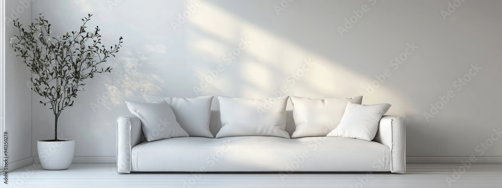 Wall mural 3D rendering of a white minimalist room featuring a sofa in a Scandinavian interior design style