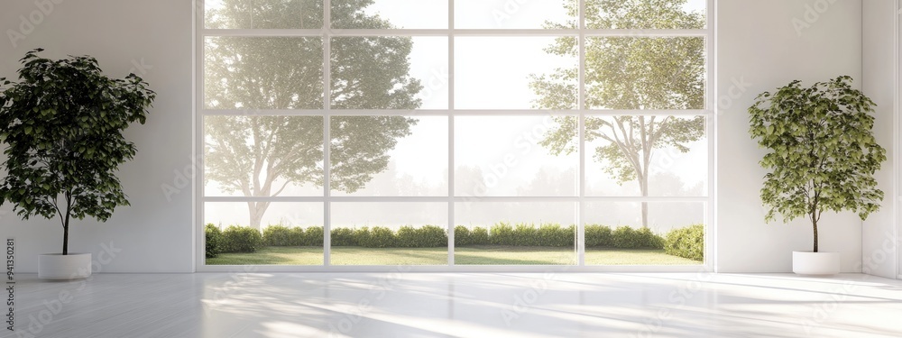 Poster 3d rendering of a white empty room featuring a summer landscape view through the window showcasing s