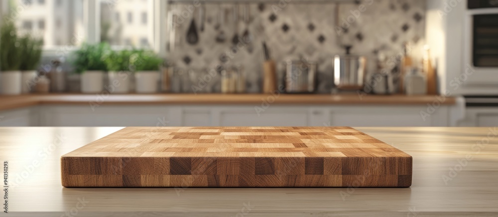 Poster 3d rendering of a selective focus end grain wood countertop featuring a cutting board set against a 