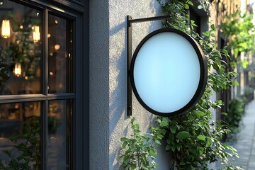 Blank Round Sign on Building Exterior with Greenery