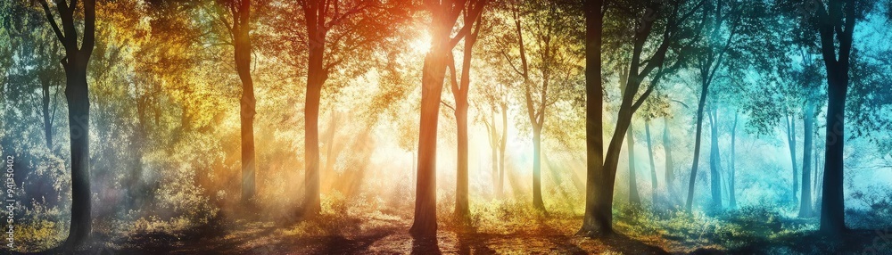 Poster vibrant forest scene with colorful light rays illuminating serene trees, creating a magical and tran