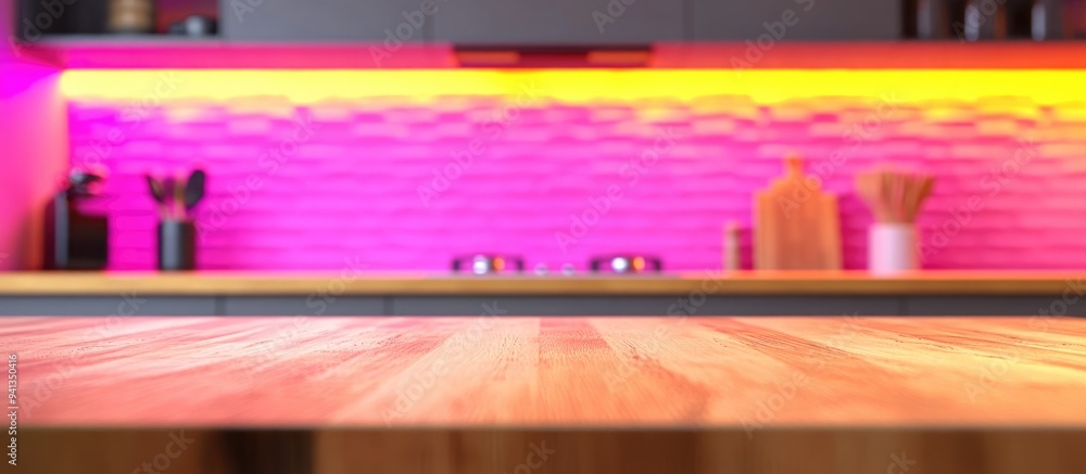 Poster selective focus on end grain wood countertop with 3d rendering against a blurred minimalist kitchen 