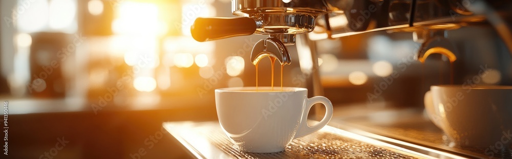 Aufkleber 3d rendering of coffee being poured from a machine into a white cup illuminated by sunlight in a coz