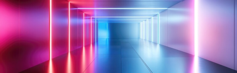 Futuristic abstract interior featuring white tones and glowing violet and blue neon tubes 3D rendering