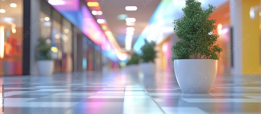 Poster 3d rendering of an abstract shopping mall background with shallow depth of field
