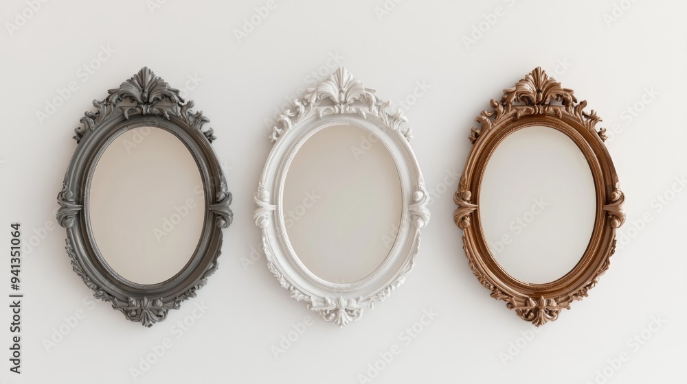 Poster 3d rendering of three mirrors featuring thick ornamental frames displayed on a white wall