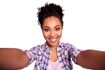 Close up photo of nice friendly youngster in checked shirt travel summer make photo feel satisfied content glad have free time weekend holidays isolated on purple background