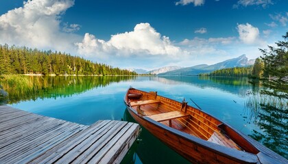 Obraz premium Beautiful lake landscape with row boat and old wooden 