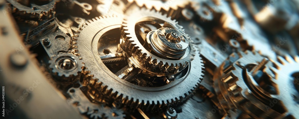 Poster close-up of a complex mechanical gear system highlighting intricate details and precision engineerin