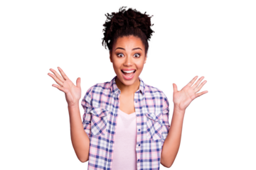 Portrait of her she nice charming cute attractive winsome lovable cheerful cheery optimistic wavy-haired girl in checked shirt showing excitement isolated over violet purple pastel background