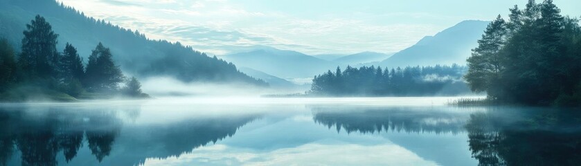 Fototapeta premium Serene landscape featuring a tranquil lake, misty mountains, and lush greenery reflecting on calm waters under soft blue tones.