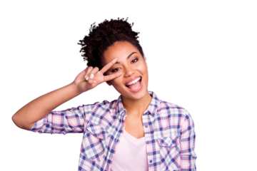 Close-up portrait of her she nice-looking charming cute attractive lovely cheerful cheery wavy-haired girl wearing checked shirt showing v-sign near eye isolated over violet purple pastel background
