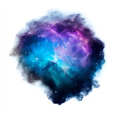 Fototapeta premium Vibrant cosmic nebula cloud filled with glowing stars and colorful purple and blue dust, isolated on a clean white background.