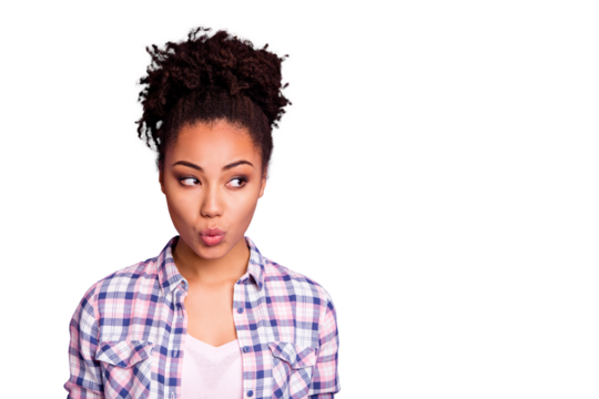 Close-up portrait of her she nice charming cute attractive shine foxy cheerful cheery wavy-haired girl wearing checked shirt looking aside sending kiss isolated over violet purple pastel background