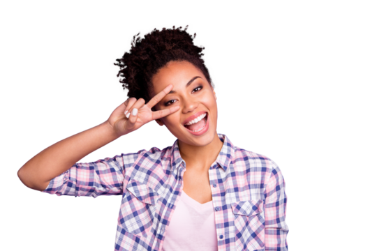 Close-up portrait of her she nice-looking charming cute attractive lovely cheerful cheery wavy-haired girl wearing checked shirt showing v-sign near eye isolated over violet purple pastel background