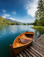 Obraz premium Beautiful lake landscape with row boat and old wooden 
